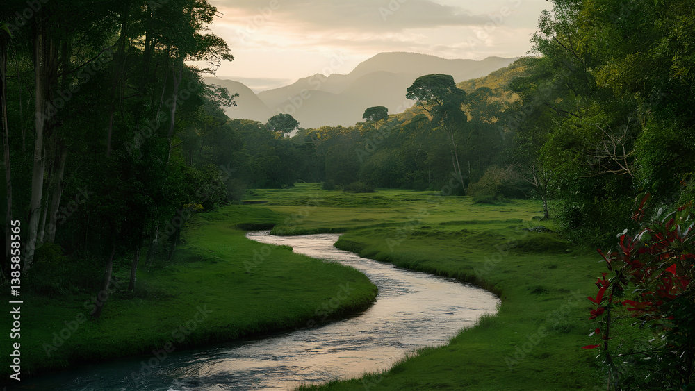 Fototapeta premium Aerial View of Vibrant Green Forest and Winding Stream under Blue Sky – Generative AI