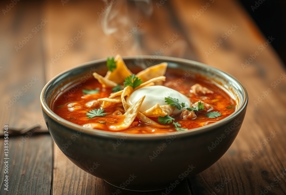 Rustic wooden table with steaming hot Posole Soup Rustic wooden table with steaming hot Posole Soup