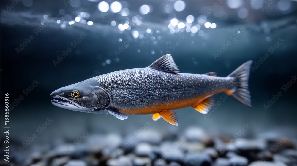 Fototapeta premium Majestic Arctic Char Swimming Underwater - A single Arctic Char gracefully swims through a crystal-clear river, symbolizing freedom, beauty, wilderness, strength, and pristine nature