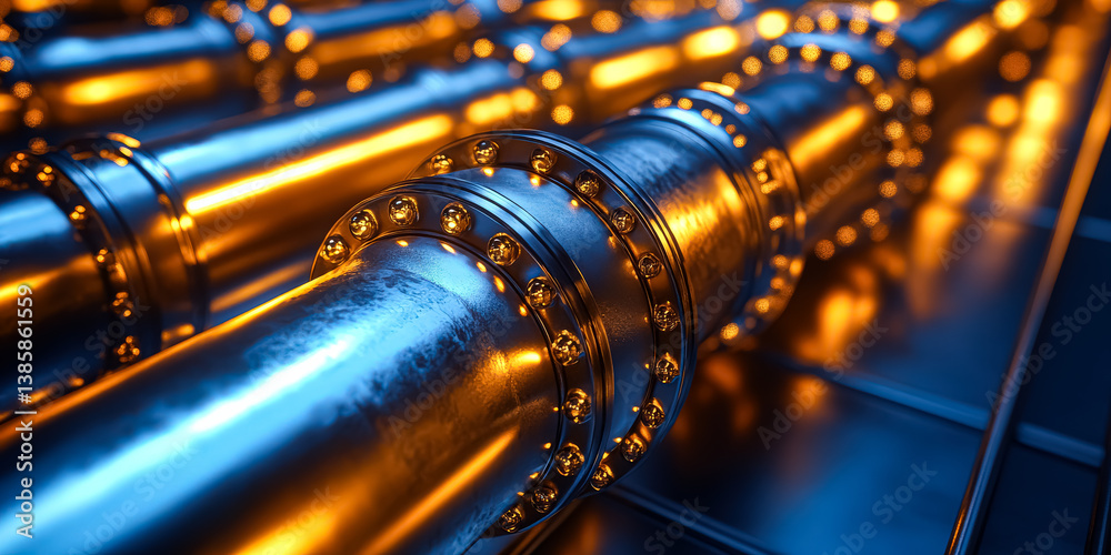 Naklejka premium Series of pipes are shown in a metallic color with a metallic shine. The pipes are connected to each other and appear to be part of a larger system. Concept of industrial strength and durability