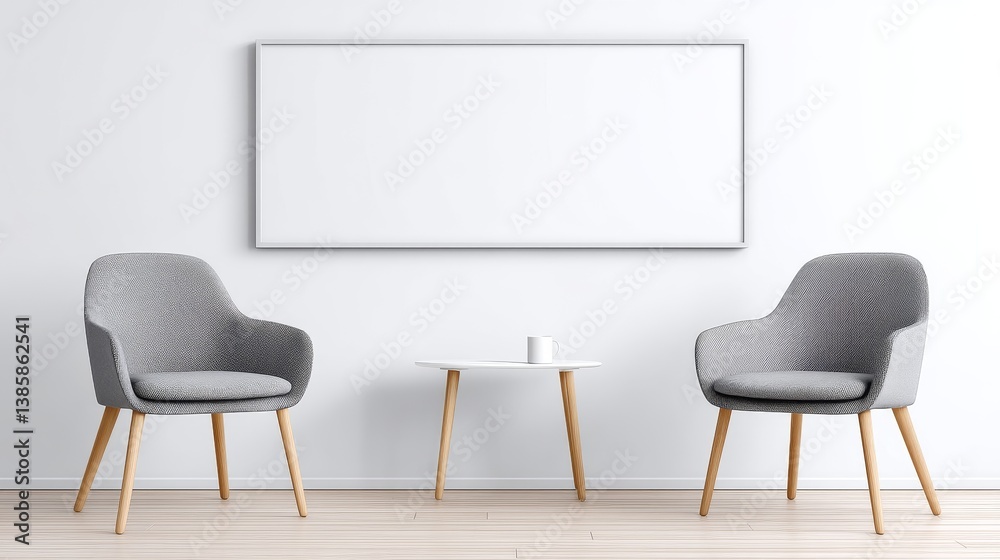 Modern Minimalist Office Waiting Area - Clean, simple design. Two grey chairs, a small table, and a blank whiteboard. Symbolizing: productivity, efficiency, minimalism, modern workspace Modern Minimalist Office Waiting Area - Clean, simple design. Two grey chairs, a small table, and a blank whiteboard. Symbolizing: productivity, efficiency, minimalism, modern workspace