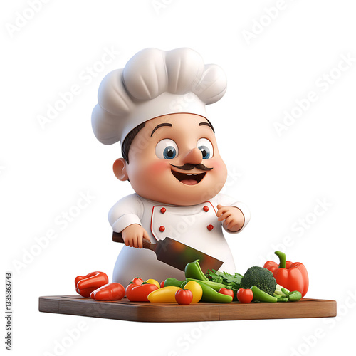 A 3D Cartoon Chef Chopping Vegetables Isolated on Transparent Background