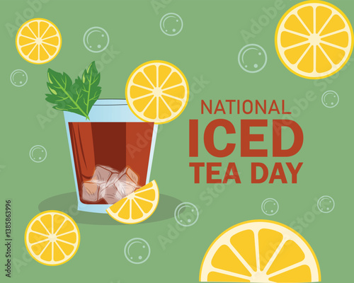 National iced tea Day vector illustration. Glass of orange tea with orange and mint leaf icon. Glass with fresh ice summer drink vector.	