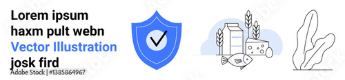 Blue shield with checkmark for security paired with food items thumbs up milk, cheese, fish, and wheat for nutrition. Ideal for health, safety, food industry, agriculture, quality assurance