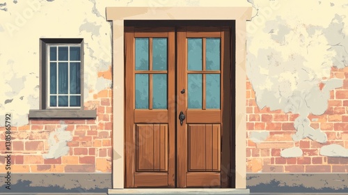 Rustic Wooden Door with Surrounding Brick Wall
