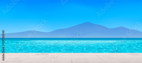infinity pool tiles deck ocean sea mountain view resort summer vacation vector illustration