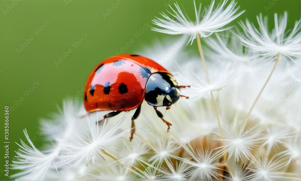 Obraz premium Red Ladybug on White Dandelion Seed Head Close Up