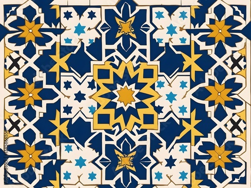 Ornate Star Pattern Mosaic in Blue, Gold, and White