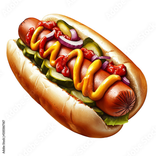  A classic hot dog, featuring a juicy, grilled frank nestled in a toasted bun with all the fixins