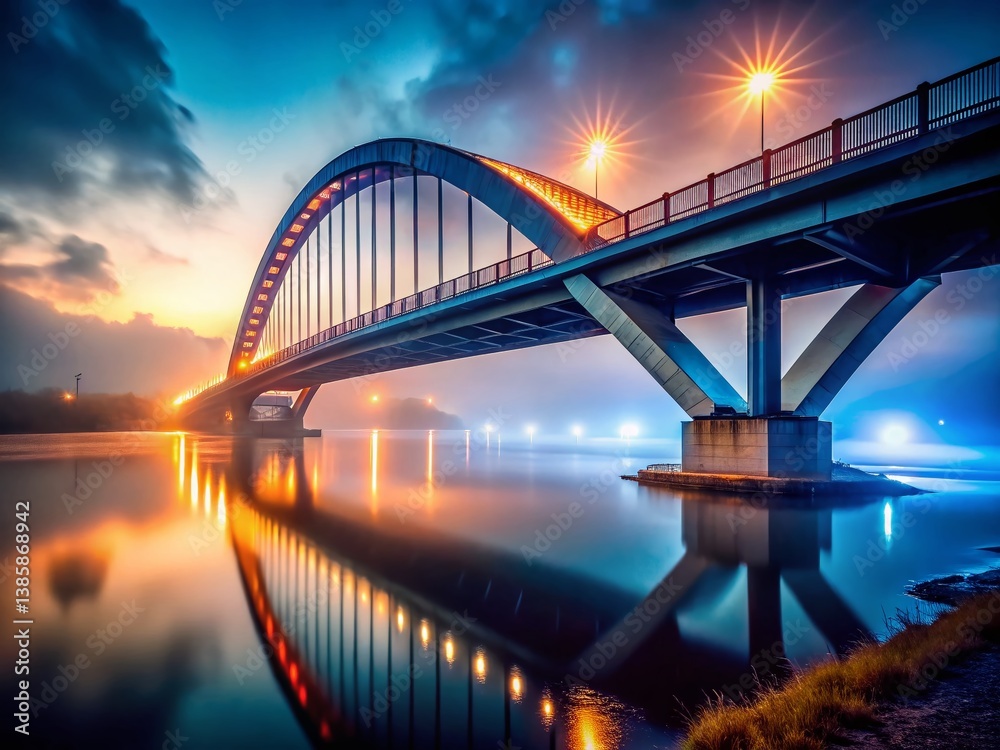 Fototapeta premium Modern Bridge Spanning River at Twilight, Thick Fog - Dramatic Landscape