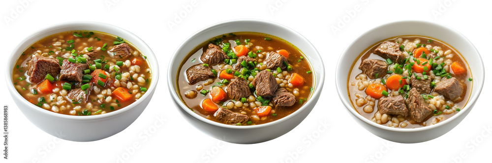 Three bowls of hearty beef and barley soup. Three bowls of hearty beef and barley soup.