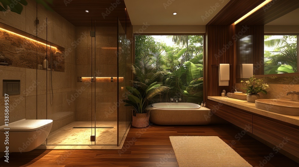 Fototapeta premium Luxurious, tropical-style bathroom with wooden accents, showcasing a large walk-in shower, soaking