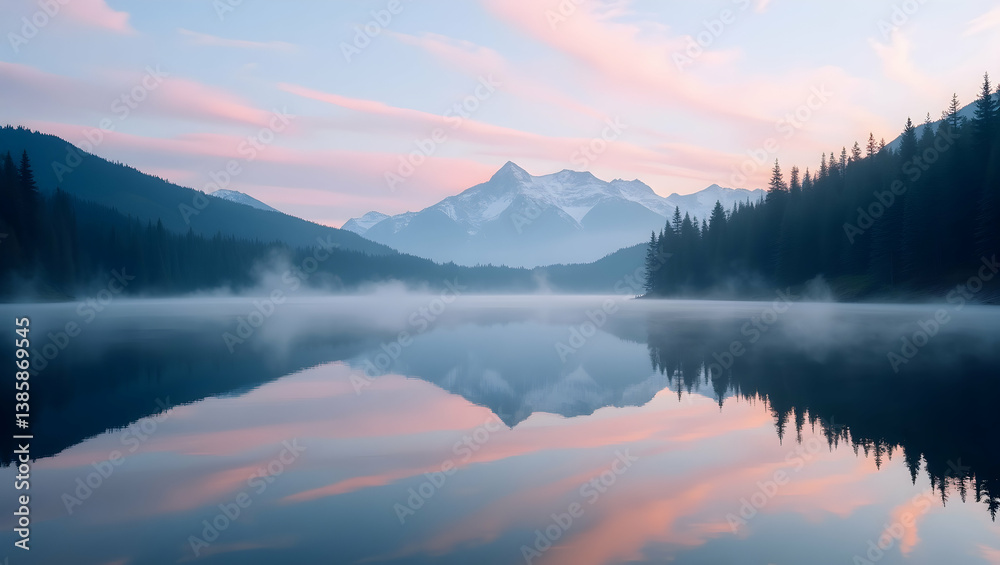 Fototapeta premium Tranquil Dawn at Mountain Lake, A Majestic Reflection of Snowy Peaks and Soft Pastel Skies Mirrored in the Calm Waters, Offering a Sense of Peace