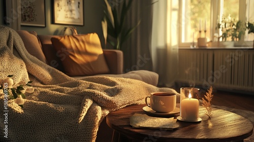 A Moment of Calm A Cozy Living Room Scene with Candlelight and Herbal Tea