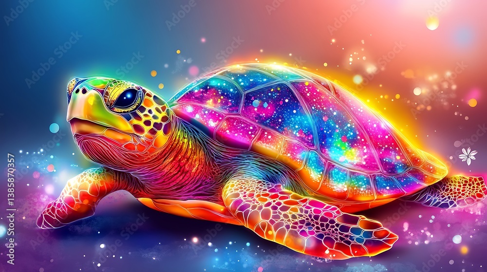 Whimsical turtle radiating vibrant colors with a galactic shell and magical glow Whimsical turtle radiating vibrant colors with a galactic shell and magical glow