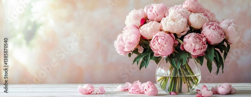 A lush bouquet of pale pink and cream peonies in a clear vase, perfect for Valentine's Day, Mother's Day, or as a serene decoration for any romantic occasion.