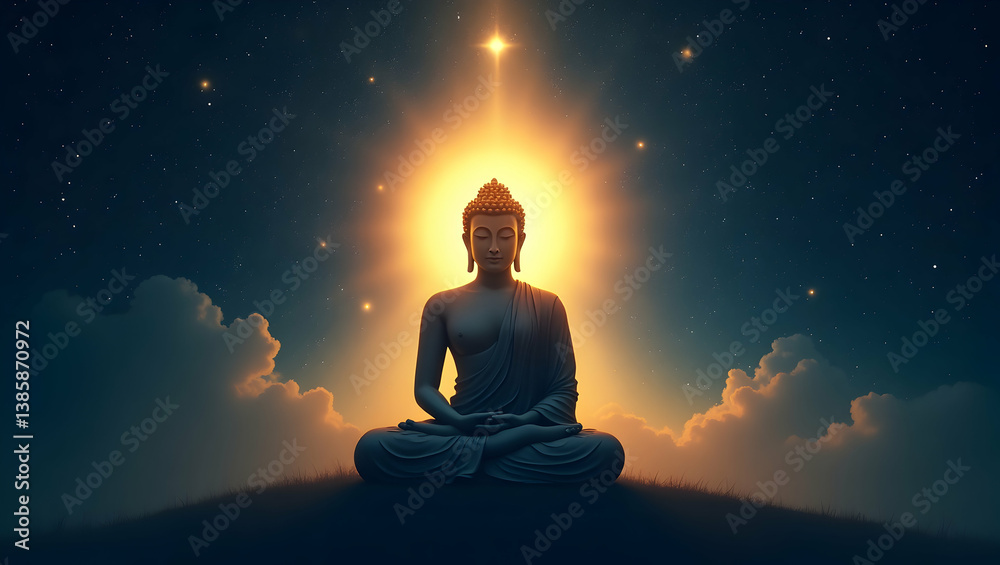 Serene Contemplation, A Minimalist Digital Artwork of a Meditating Figure Bathed in Celestial Light Under a Starry Sky Evokes Zen and Spiritual Harmony Serene Contemplation, A Minimalist Digital Artwork of a Meditating Figure Bathed in Celestial Light Under a Starry Sky Evokes Zen and Spiritual Harmony