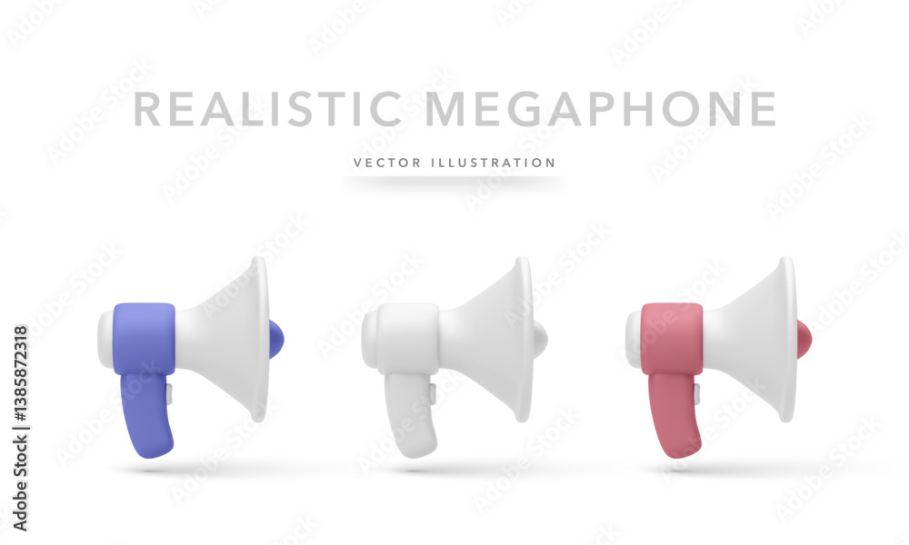 Megaphone Icons In 3D Minimal Style For Communication, Marketing, And Media Content. Colorful Loudspeaker Design With White Accents On White Background. Vector Illustration. Megaphone Icons In 3D Minimal Style For Communication, Marketing, And Media Content. Colorful Loudspeaker Design With White Accents On White Background. Vector Illustration.