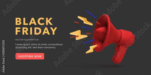 Black Friday Sale Banner With Red Megaphone And Lightning Symbols On Dark Background. Bold Marketing Concept For Online Promotion And Advertising Campaigns. Vector Illustration.
