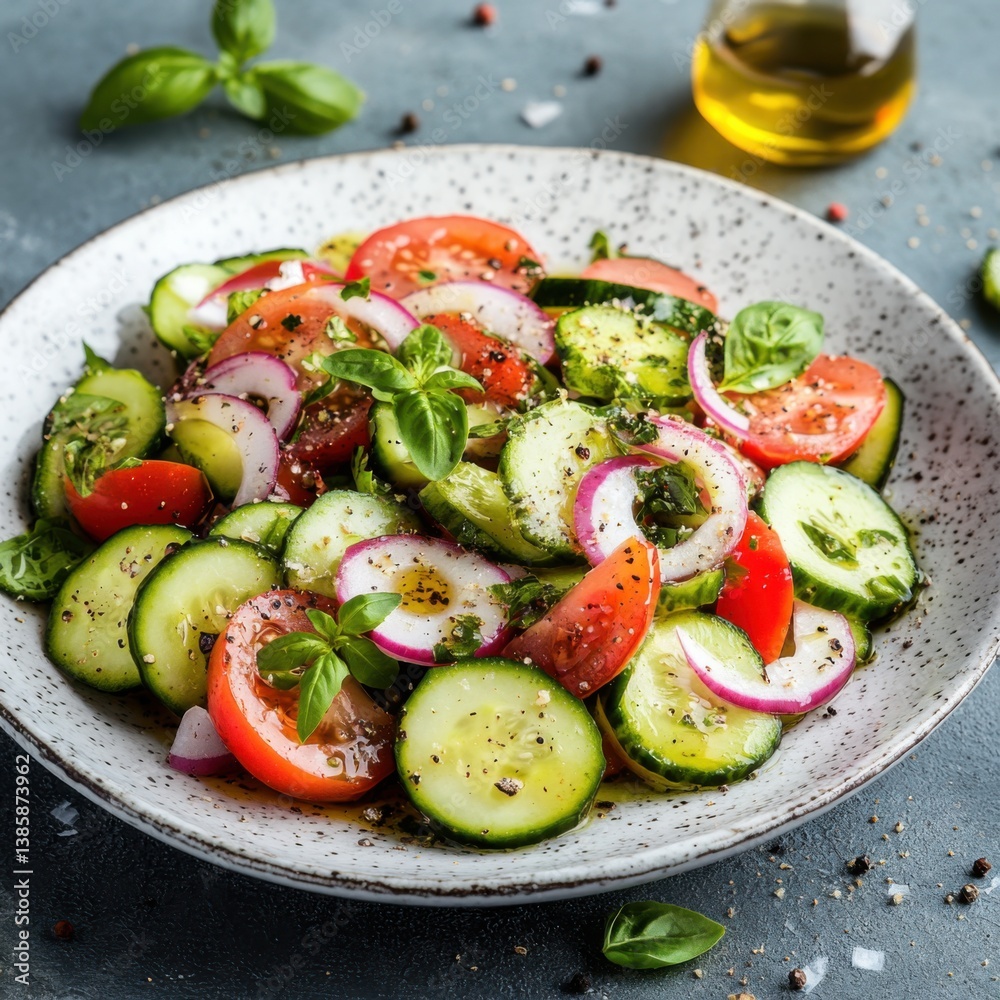 A refreshing cucumber and tomato salad with olive oil and balsamic vinegar. Featuring a light, nutritious dish A refreshing cucumber and tomato salad with olive oil and balsamic vinegar. Featuring a light, nutritious dish