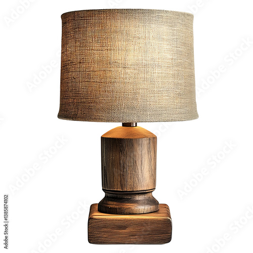 A rustic table lamp with a wooden base and a burlap shade, shown on a white background photo