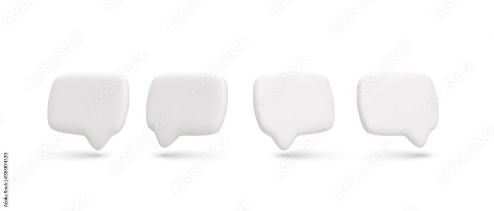 Speech Bubble 3D Icons In Minimal White Style. Blank Chat UI Elements For Messenger, App Interface, Social Media, And Design Projects. Soft Rounded Shapes. Vector Illustration.