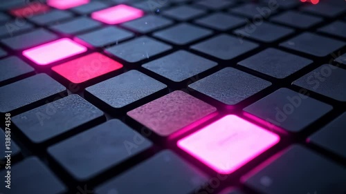 Abstract Digital Grid: Neon Pink and Red Glowing Squares