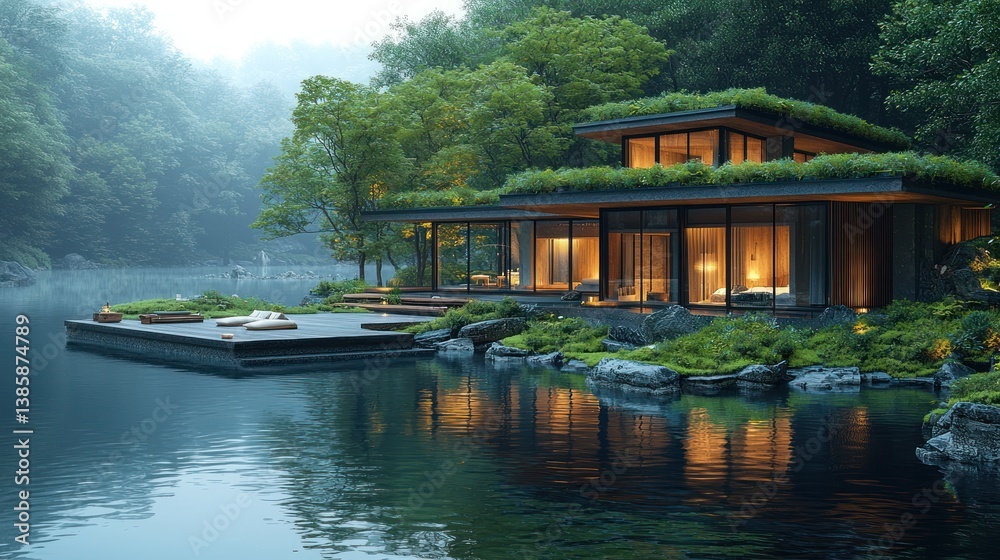 Modern eco-friendly house on lake at dusk. Modern eco-friendly house on lake at dusk.