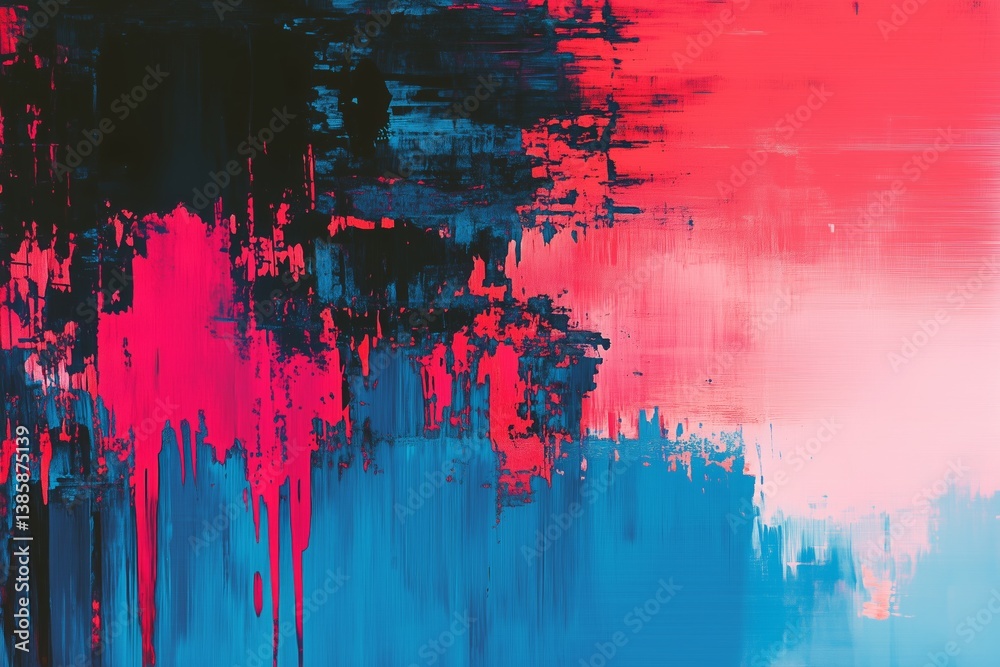 Fototapeta premium Abstract digital painting with glitch-style strokes in pink, blue, and black. Great for modern art, tech, and design.