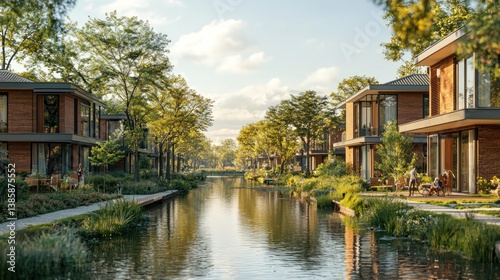 Modern canal-side houses with lush landscaping and people relaxing outdoors at sunset.