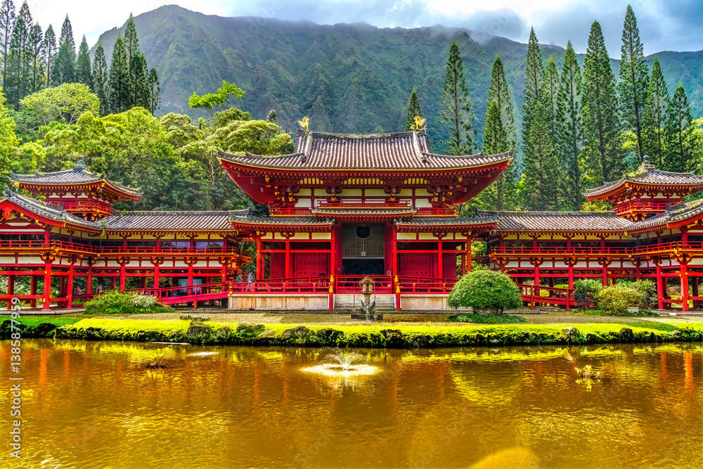 Colorful lake Reflection Byodo-In Buddhist Temple Memorial Park Oahu Hawaii