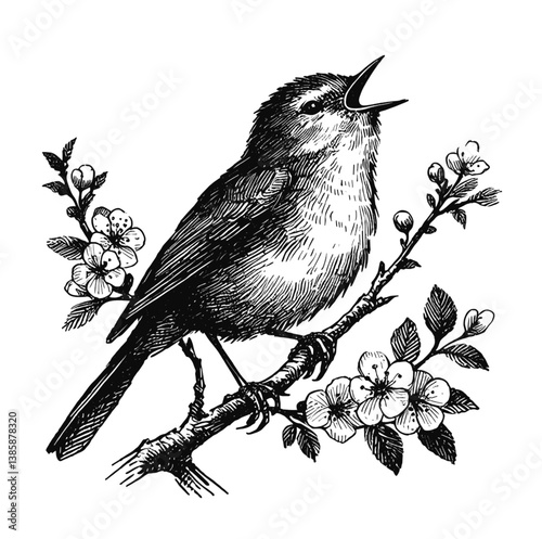 Nightingale line art drawing ink sketch vector hand drawn illustration background