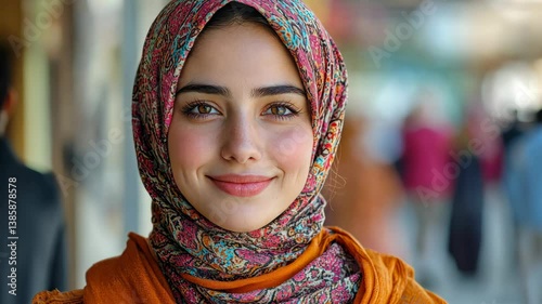 Portrait of a Smiling Woman in a Colorful Hijab