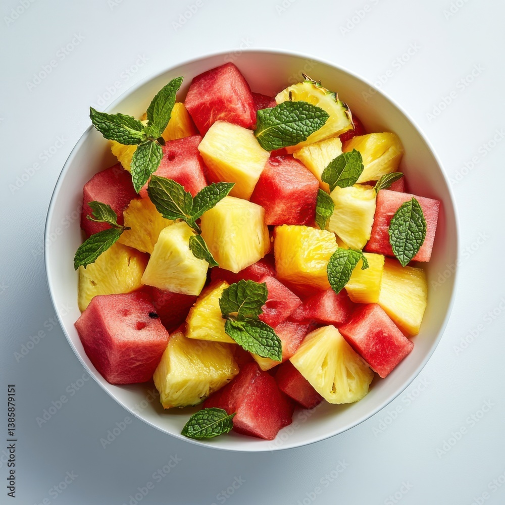 A refreshing fruit salad with watermelon, pineapple, and mint leaves. Featuring summer freshness and sweetness A refreshing fruit salad with watermelon, pineapple, and mint leaves. Featuring summer freshness and sweetness