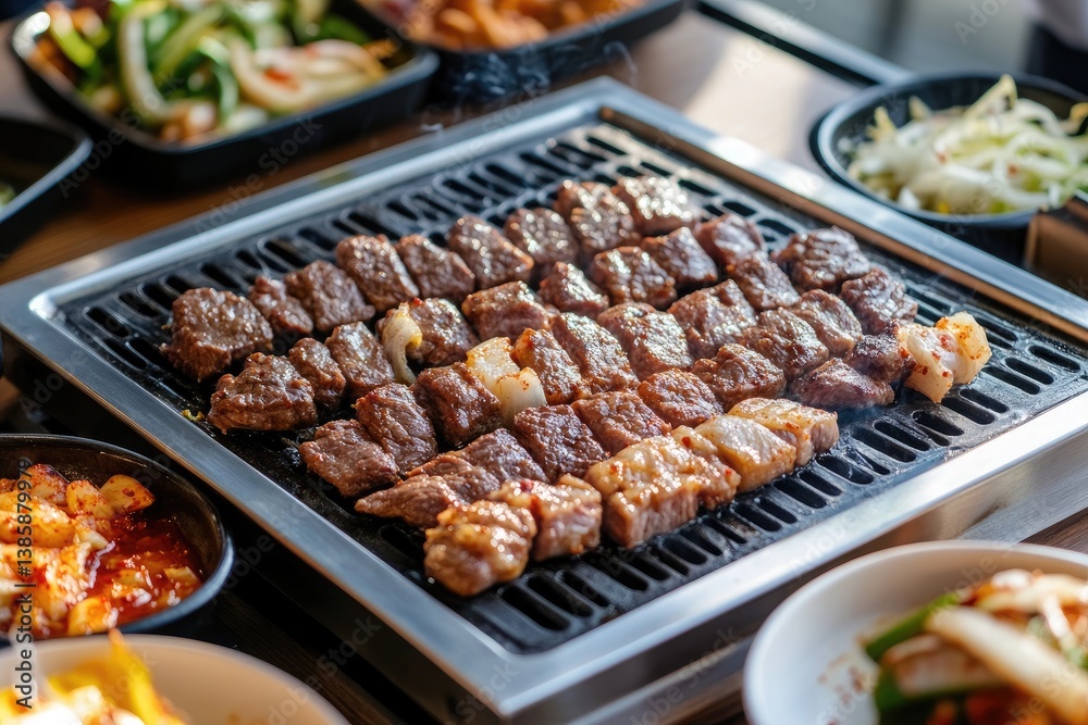 Close up of korean bbq meat cooking on a grill surrounded by various side dishes on a wooden table Close up of korean bbq meat cooking on a grill surrounded by various side dishes on a wooden table