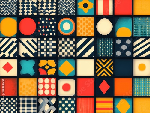 Artistic collage of geometric shapes and patterns in a grid arrangement with vibrant colors and a retro aesthetic creating a visually engaging design