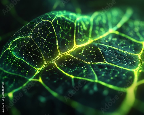 Macro level depiction of plant vein carrying chlorophyll glowing texture pattern interwoven realistic shade of green high fidelity vascular detail photo realistic depth of fluid movement cinematic