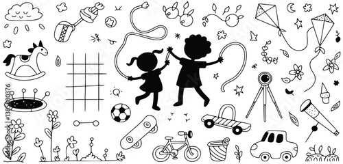 Hand Drawn Kids Playing With Toys Doodle Art Black And White Design