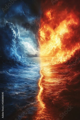 Obraz na płótnie Dramatic Ocean Landscape Divided by Fire and Ice Showcasing Contrasting Elements of Nature in a Powerful Visual Display w salonie