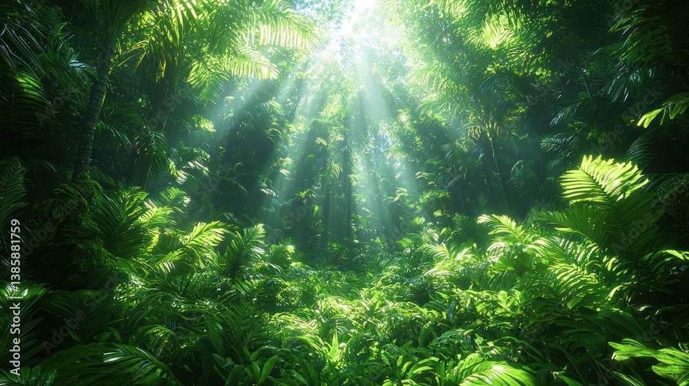 Obraz premium Sunbeams pierce dense jungle canopy, illuminating lush green foliage.