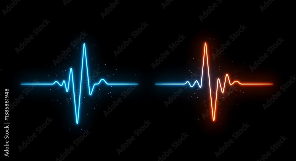 Two glowing heartbeats in blue and orange on a black background with small scattered particles Two glowing heartbeats in blue and orange on a black background with small scattered particles