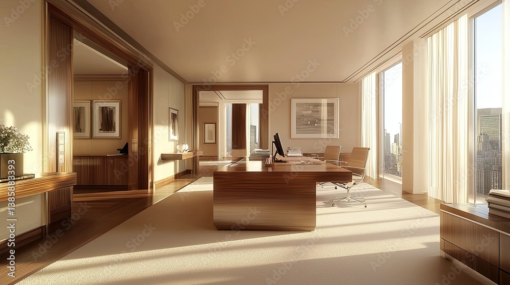 Fototapeta premium A spacious, modern open-plan office with warm wooden desks, sleek ergonomic chairs, and large windows.