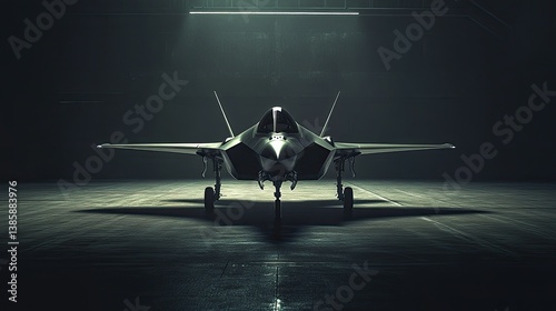 A stealthy F-35 Lightning II fighter jet resting in a dark hangar, with soft lighting highlighting the sharp lines of the cockpit and nose.