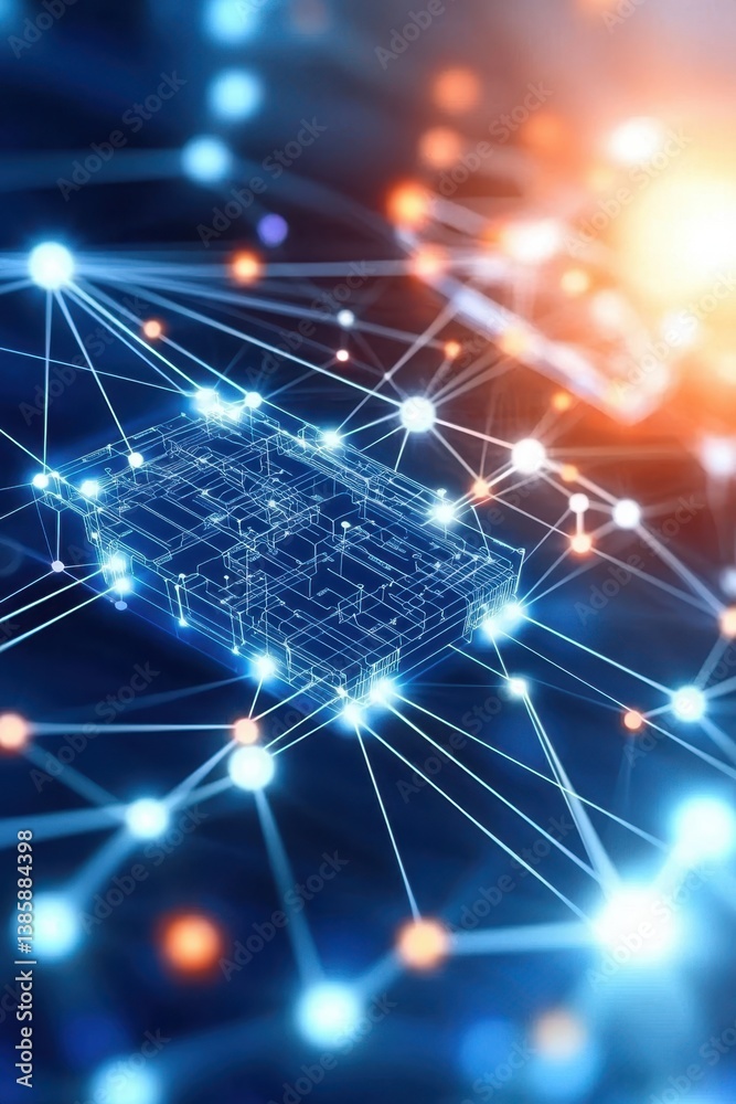 Obraz premium A digital illustration depicting a circuit board connected by glowing lines in a network, symbolizing technology and connectivity.