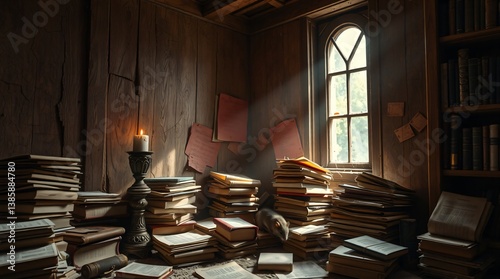 8K natural color image of a dusty, disorganized book stack in a dark library. Cobwebs, torn pages, loose notes, and a small mouse curled up inside. Rich earthy tones, no text or logos.