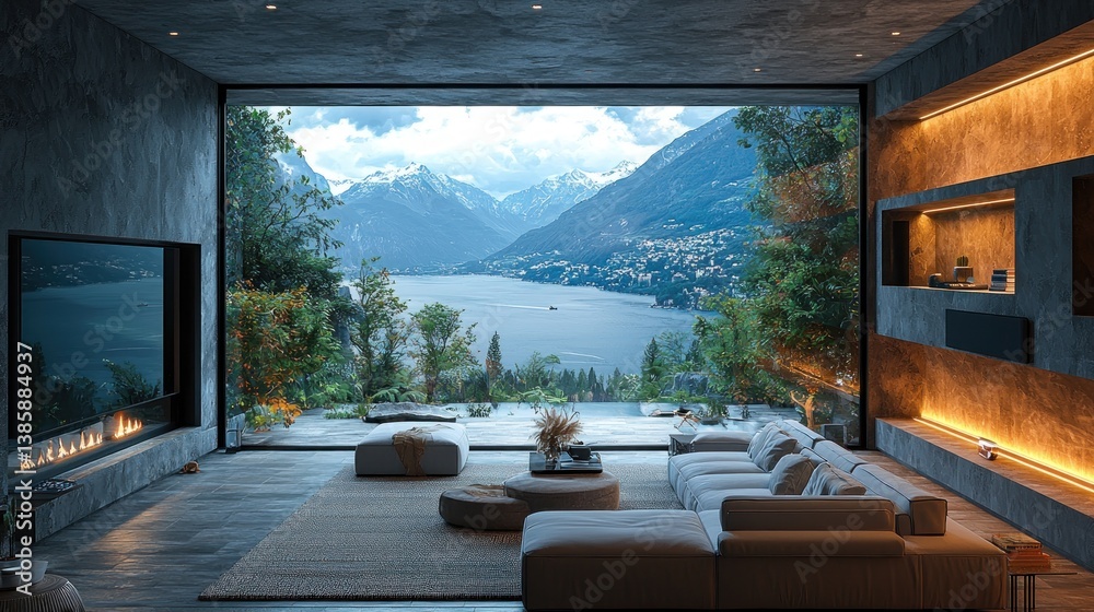 Fototapeta premium Modern living room with lake and mountain view.