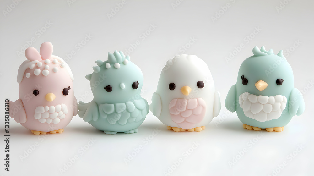 Four Pastel-Colored Bird Figurines on White Background Four Pastel-Colored Bird Figurines on White Background