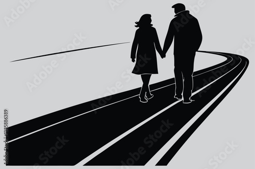 A couple holding hands on a long road image silhouette design vector art and illustration	