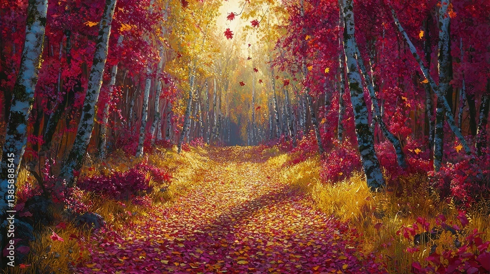 Fototapeta premium A tranquil autumn scene with golden leaves carpeting the forest floor, sunlight filtering through vibrant red canopies.