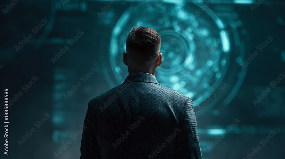 Man in suit facing a glowing circular screen with intricate patterns in a dark futuristic setting
